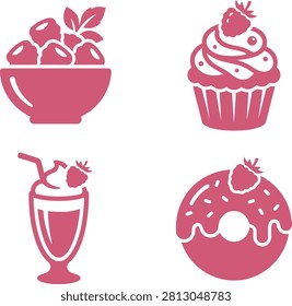 Assorted pink dessert illustrations featuring a bowl of berries, cupcake, milkshake, and donut