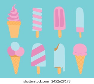 
Surtido de helados rosados y blancos e ilustraciones de paletas en tonos pastel, perfecto para los temas de postres de verano, sobre un fondo azul claro.