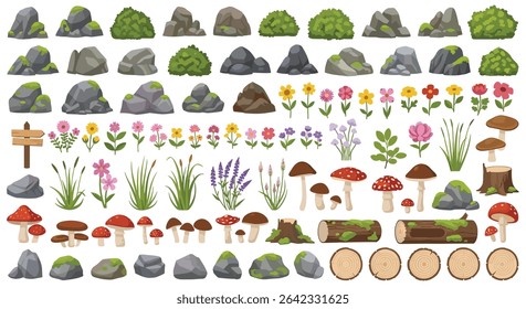 Assorted Pixel Art Game Assets Featuring Nature Elements Flowers Rocks And Mushrooms