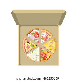 Assorted pizza in cardboard box on white background. Different pizza slices. Fast food meal. Pizza with cheese, tomatoes, salami, onion and more. Hot and fresh snack.