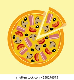 Assorted pizza with mushrooms, tomatoes, olives and meat