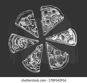 Variadas pizzas con ingredientes diferentes. Ilustración dibujada a mano con tinta vectorial. Menú, plantilla de cartón de indicadores.