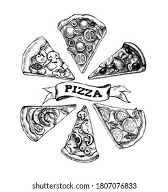 Assorted pizza slices with different ingredients. Vector ink hand drawn illustration. Menu, signboard template.