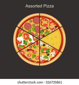 Assorted pizza. Tasty triangular pieces of pizza.