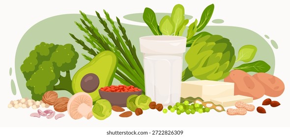 Fontes variadas de proteínas à base de plantas, incluindo tofu, leguminosas, nozes, abacate, brócolis, espinafre e leite de soja organizados em conjunto para ilustrações saudáveis do vetor do conceito de dieta vegetariana