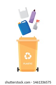 Assorted plastic trash in special urn. Vector recycle concept. Bin for recycling with sorted garbage and rubbish. 