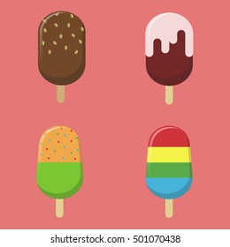 Assorted Popsicle.Ice Cream with Chocolate,Fruit and Nuts Flavor.Cute Popsicle and Ice Cream Illustration.