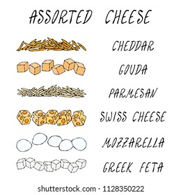 Assorted Popular Cheese Kinds Set. Grated Chedder, Parmesan, Gouda, Swiss, Feta Cubes, Mini Mozzarella. Pizza Ingredients. Hand Drawn High Quality Clean Vector Realistic Illustration. Doodle Style.