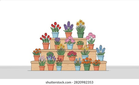 Assorted potted flowering plants displayed on wooden shelf in flower shop.