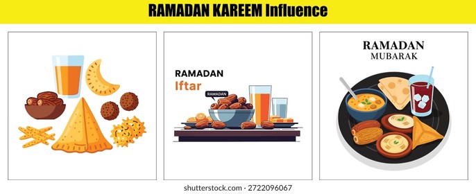 Variedad de comidas iftar de Ramadán, incluyendo dátiles, jugo y varios refrigerios en una mesa