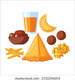 Assorted Ramadan iftar foods including dates, orange juice, and various traditional snacks