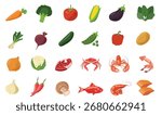 Assorted raw vegetables, meat, and seafood showcasing a variety of fresh food items vector illustration