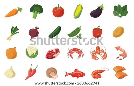 Assorted raw vegetables, meat, and seafood showcasing a variety of fresh food items vector illustration
