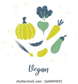 Assorted raw vegetables rough print style vector. Vegan healthy clean eating, dieting concept.