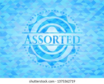 Assorted realistic light blue emblem. Mosaic background