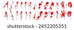 Assorted Red Paint Realistic Blood Splatters, and Handprints Collection. Vibrant set of red paint splatters and handprints, ink drips perfect for bold backgrounds and graphic elements. Vector
