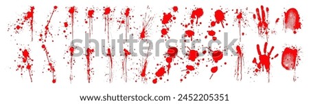 Assorted Red Paint Realistic Blood Splatters, and Handprints Collection. Vibrant set of red paint splatters and handprints, ink drips perfect for bold backgrounds and graphic elements. Vector