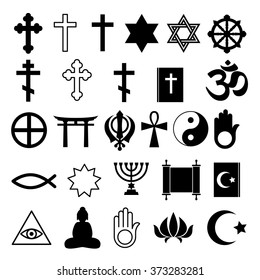 Assorted religions symbols icons set. Vector illustration collection - christian cross buddha Koran david star menorah half moon.