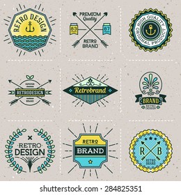 Assorted retro design color hipster insignias logotypes set 1. Vector vintage elements.