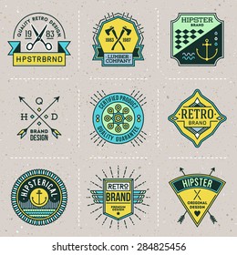 Assorted retro design color hipster insignias logotypes set 7. Vector vintage elements.