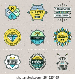 Assorted retro design color hipster insignias logotypes set 6. Vector vintage elements.