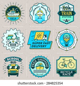 Assorted retro design insignias color transport logotypes set. Vector vintage elements.