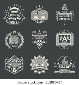 Assorted retro design insignias high education logotypes set 2. Vector vintage elements.