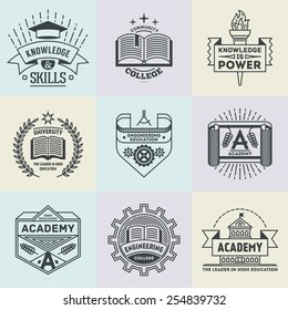 Assorted retro design insignias high education logotypes set 2. Vector vintage elements.