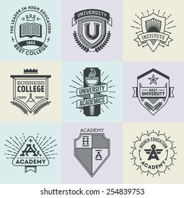 Assorted retro design insignias high education logotypes set 1. Vector vintage elements.