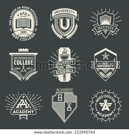 Assorted retro design insignias high education logotypes set 1. Vector vintage elements.