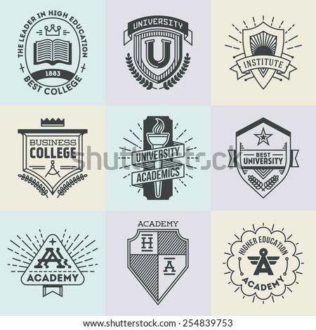 Assorted retro design insignias high education logotypes set 1. Vector vintage elements.