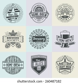 Assorted retro design insignias line art logotypes home brewery set 2. Vector high quality vintage elements.