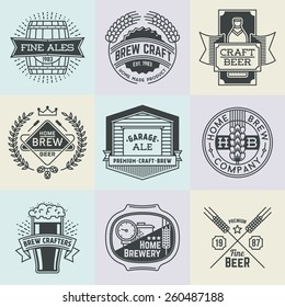 Assorted retro design insignias line art logotypes home brewery set 1. Vector high quality vintage elements.