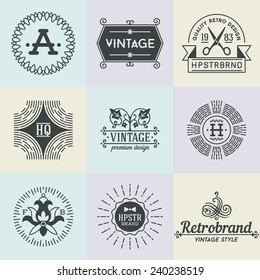 Assorted retro design insignias logotypes set 4. Vector vintage elements.  