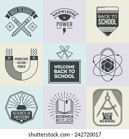 Assorted retro design insignias logotypes school and science set. Vector vintage elements.