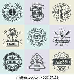 Assorted retro design insignias logotypes natural product set. Vector vintage elements.