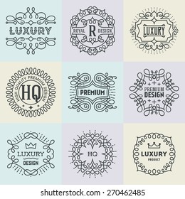 Assorted Retro Design Luxury Insignias Logotypes Template Set. Line Art Vector Vintage Style Victorian Swash Elements. Elegant Geometric Shiny Floral Frames.