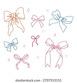 Assorted ribbon bows illustration with pink cross and star details in various colors and different sizes