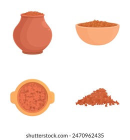 Assorted rice illustrations set featuring various rice varieties in bowls, pots, and casseroles, with piles of grains and other ricerelated elements