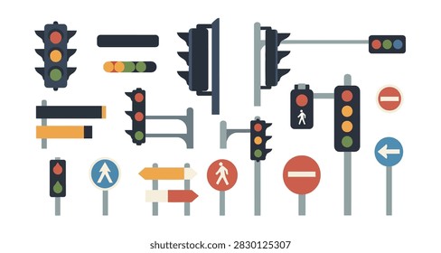 Assorted road signs and traffic lights in flat design