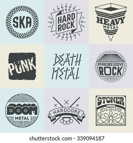 Assorted Rock Music Styles Genres Logotypes Set 1. Line Art Vector Elements.