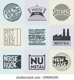 Assorted Rock Music Styles Genres Logotypes Set 2. Line Art Vector Elements.