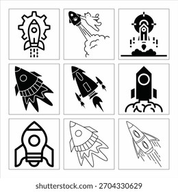 Ilustrações de foguete sortido em coleção gráfica de vetor preto e branco