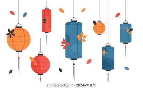 Assorted round and cylindrical hanging lanterns in blue, red, and orange tones with falling leaf decorations.