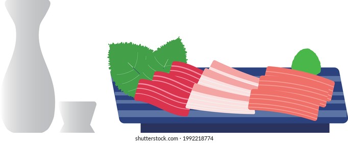 Assorted sake and fresh sashimi and wasabi