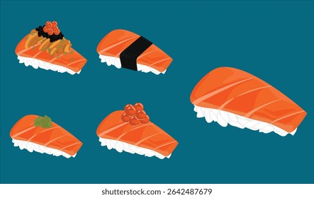 Assorted Salmon Sushi Pieces with Fresh Ingredients and Elegant Presentation
 This culinary composition is perfect for themes involving Japanese cuisine, seafood, dining culture, and gourmet