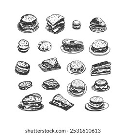 Assorted Sandwiches and Burgers - Hand-Drawn Line Art Collection. Black and white line art collection featuring various sandwiches, burgers, and snacks. Ideal for fast food menus, culinary projects.