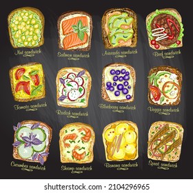 Assorted sandwiches chalk style vector sketches with berries, fruits and vegetables, meat and seafood on a blackboard