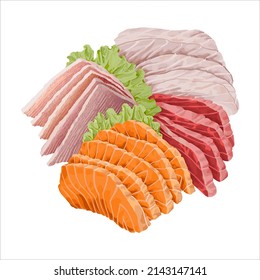 Sashimi-Set bestehend aus: Lachs, Thunfisch, Seebarsch, Marlin. Einzige Vektorgrafik.