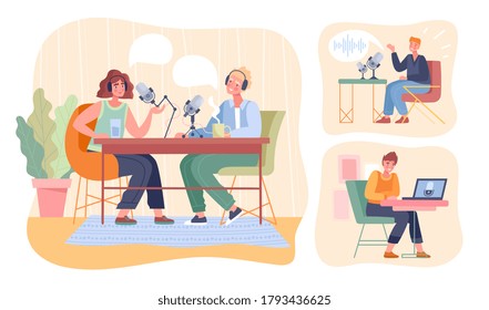 Assorted scenes of people recording a podcast with a couple working together and individual man and woman, colored vector illustration